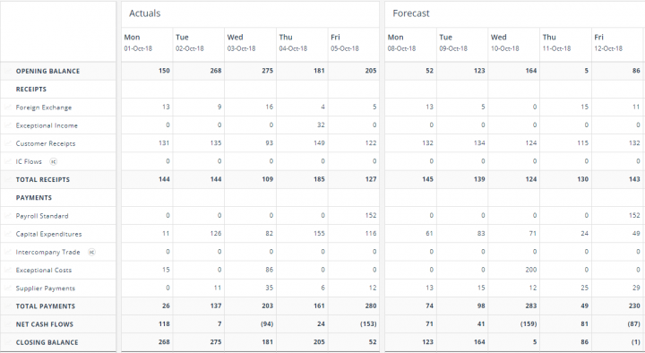 Daily cash flow forecast screenshot